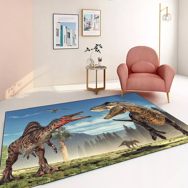 Modern Dinosaur Pattern Rug Brown and Blue Polyester Rug Machine Washable Non-Slip Area Rug for Bedroom