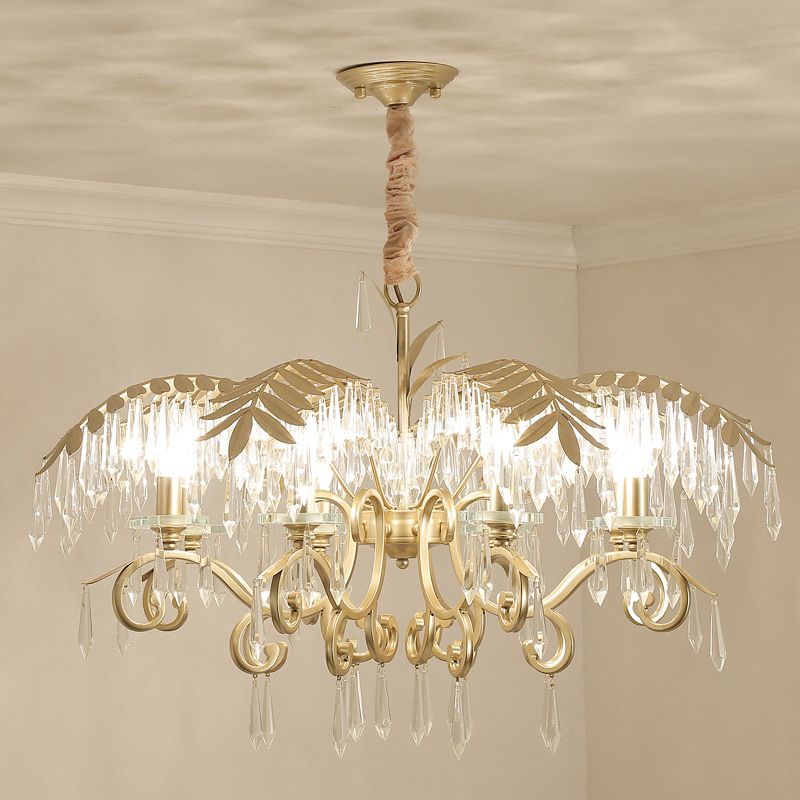 Crystal Palm Leaf Chandelier Colonial Style Dining Room Ceiling Suspension Lamp in Gold