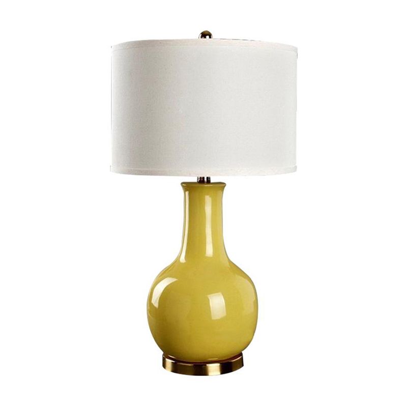 Drum Night Stand Light Modern Fabric 1 Head Living Room Table Lamp with Vase Ceramic Base in White/Red/Blue