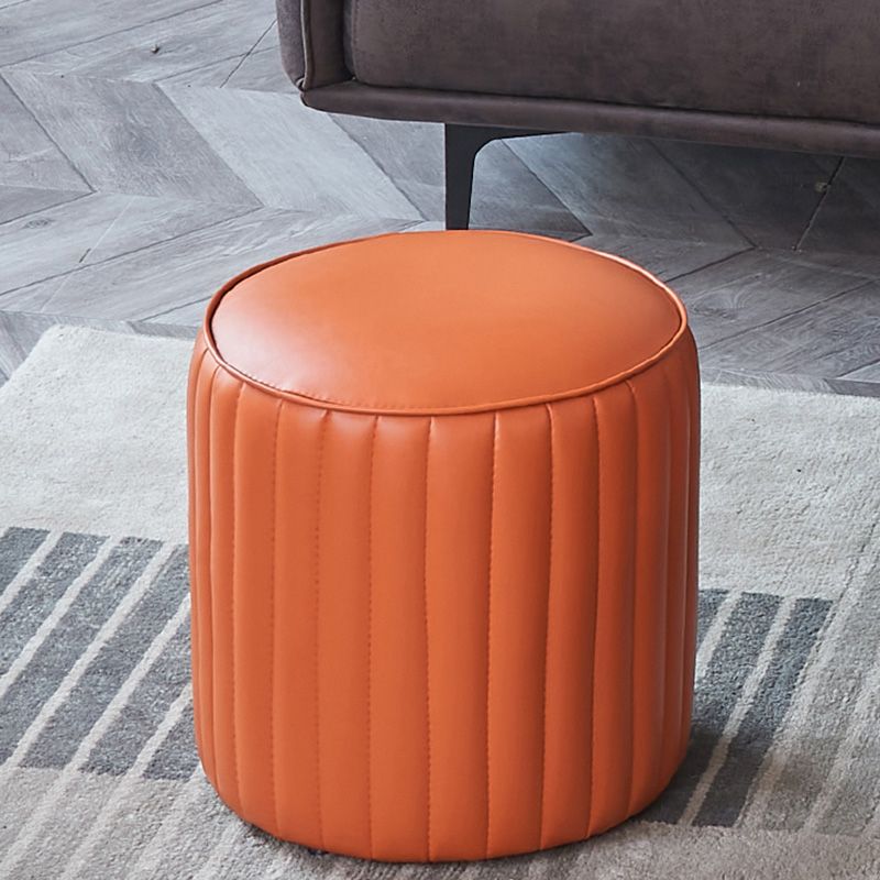 Orange Leather Solid Color Pouf Round Water Resistant Indoor Pouf
