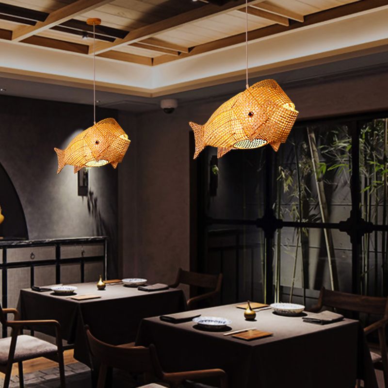 27.5" Wide Japanese Style Carp Hanging Light Bamboo Weaving Creative 1-Light Pendant for Restaurant
