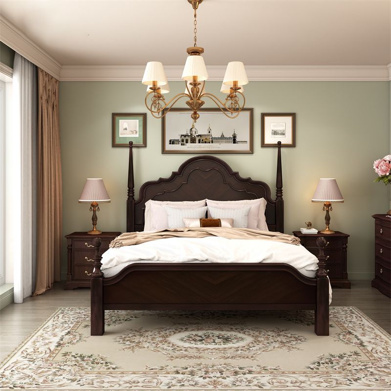 Mid-Century Modern Standard Bed Pine Wood Panel Bed with Headboard