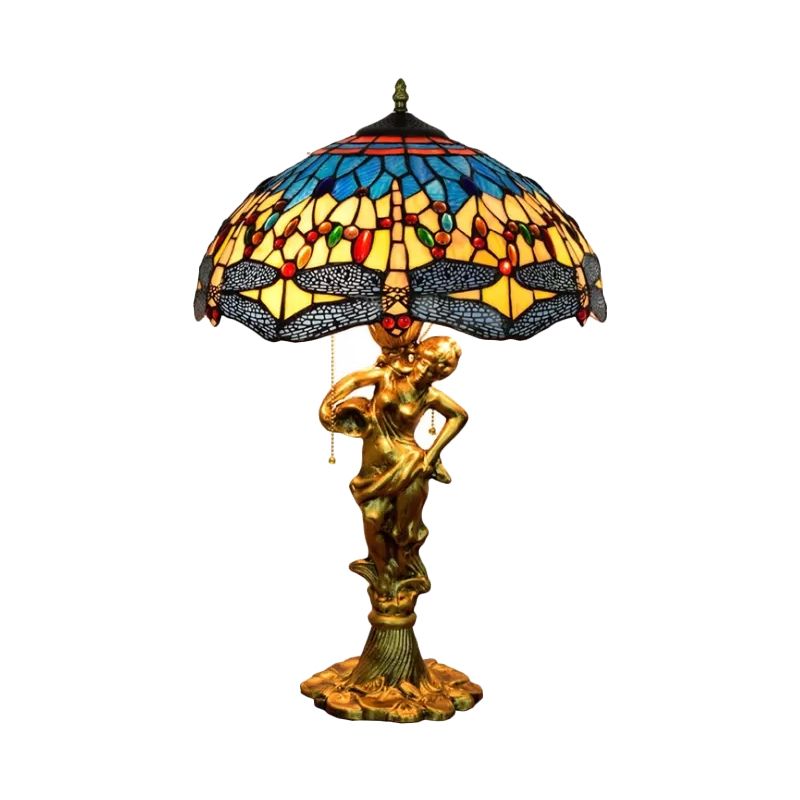 Dragonfly Cabochons Embedded Table Light 3-Light Yellow/Orange/Blue Glass Tiffany Nightstand Lamp with Pull Chain