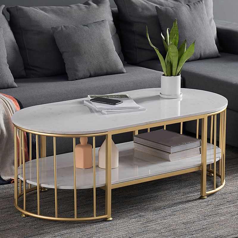 Oval Top Coffee Table Steel Sled Base Cocktail Table with Shelf