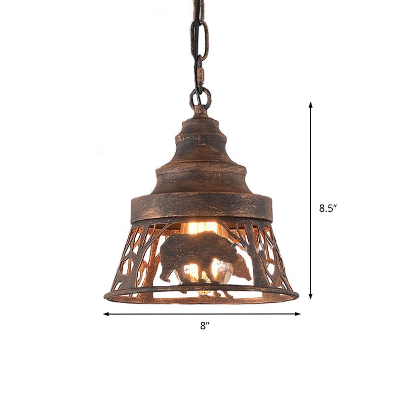 8"/12"/18" W Tapered Hanging Ceiling Light Country Metal 1/2 Lights Restaurant Pendant Lighting in Rust with Animal Pattern