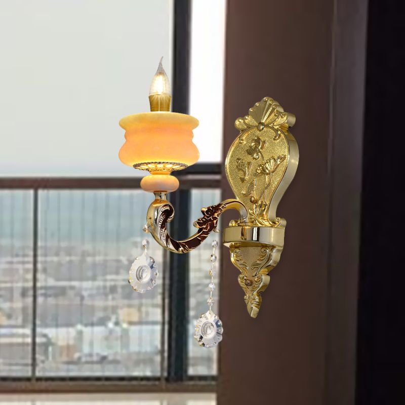 1/2-Bulb Candelabra Wall Lamp Traditionalism Gold Jade Wall Mounted Light Fixture with Crystal Drop