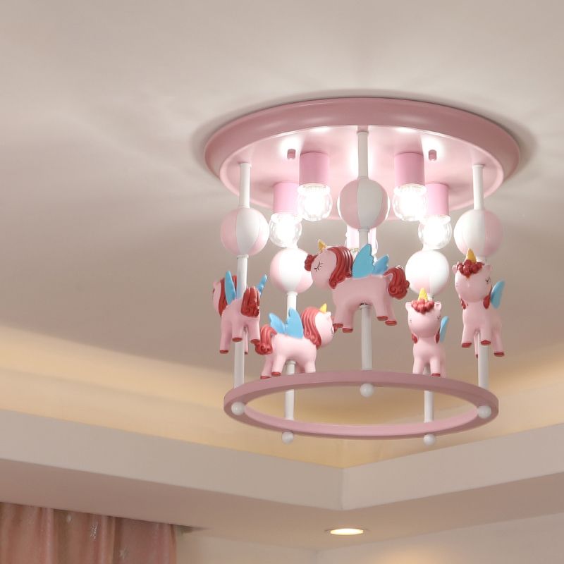 Cartoon Merry-Go-Round Semi Flush Resin 6 Heads Dormitorio Flush Lighting Lights