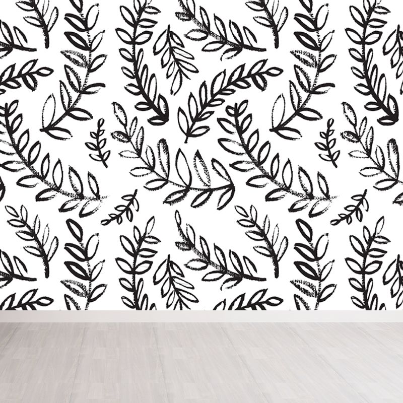 Black and White Modern Mural Large Illustration Leaves Print Wall Decor for Bedroom