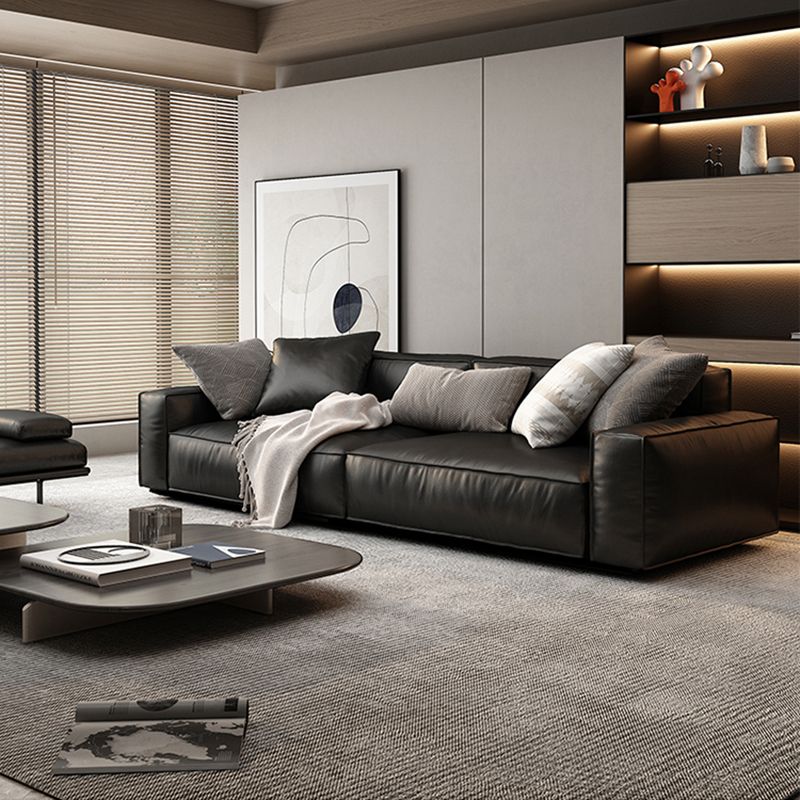 26.38" H Genuine Leather Square Arm Modern Sofa with Storage Black Standard Sofa
