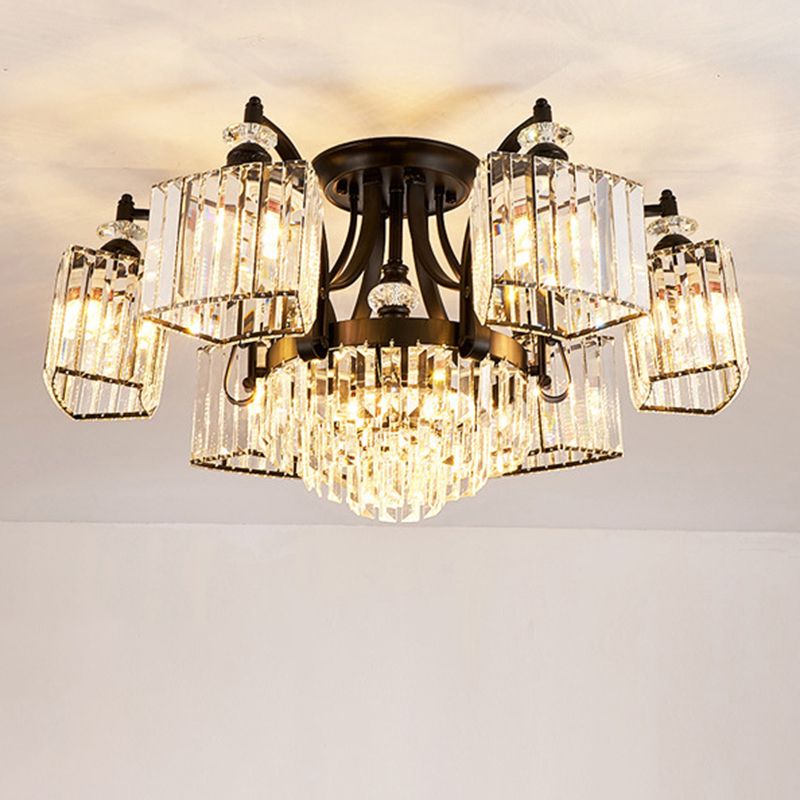 Tiered Living Room Ceiling Light Retro Clear Crystal Black Semi Flush Chandelier