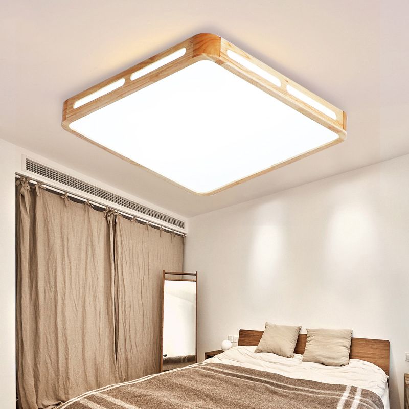 Japanese Square LED Flush Mount Wood Bedroom Flushmount Ceiling Light with Acrylic Shade