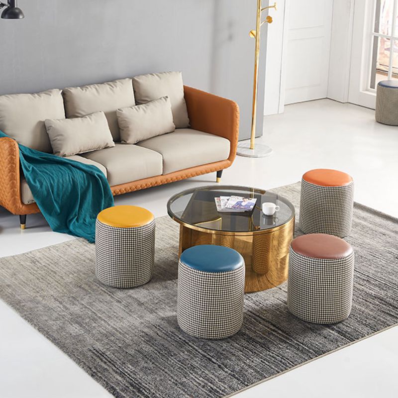 Modern Water Resistant Ottoman Circle Shape Orange Genuine Leather Cube