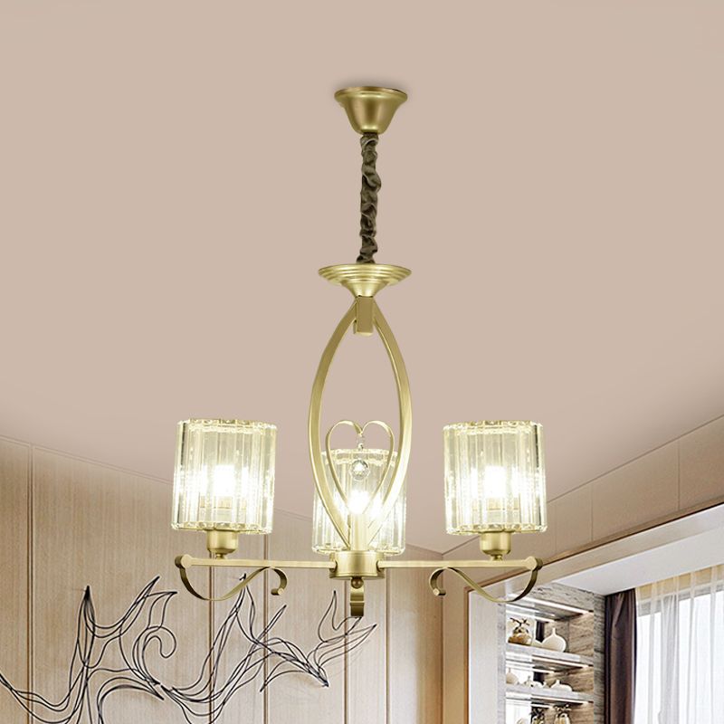 Gold Cylinder Pendant Chandelier Modern Crystal Block 3/6 Lights Living Room Ceiling Light