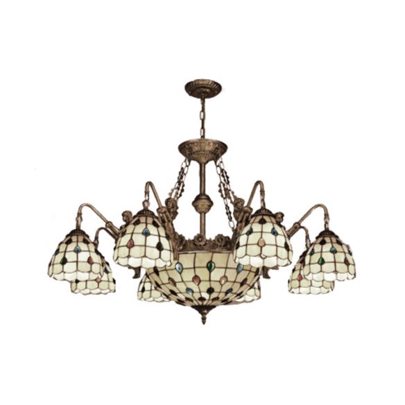 Beige Domed Chandelier Lamp Tiffany 15 Lights Stained Glass Hanging Light