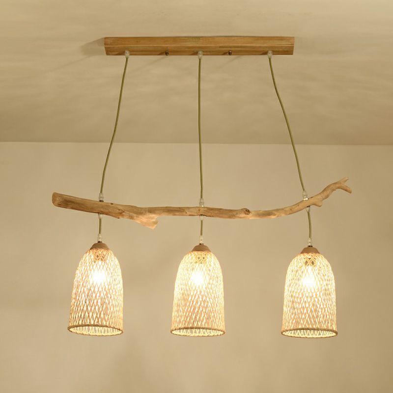 3-Bulb Restaurant Island Lamp Lodge Style Wood Pendant Light with Bell Bamboo Shade