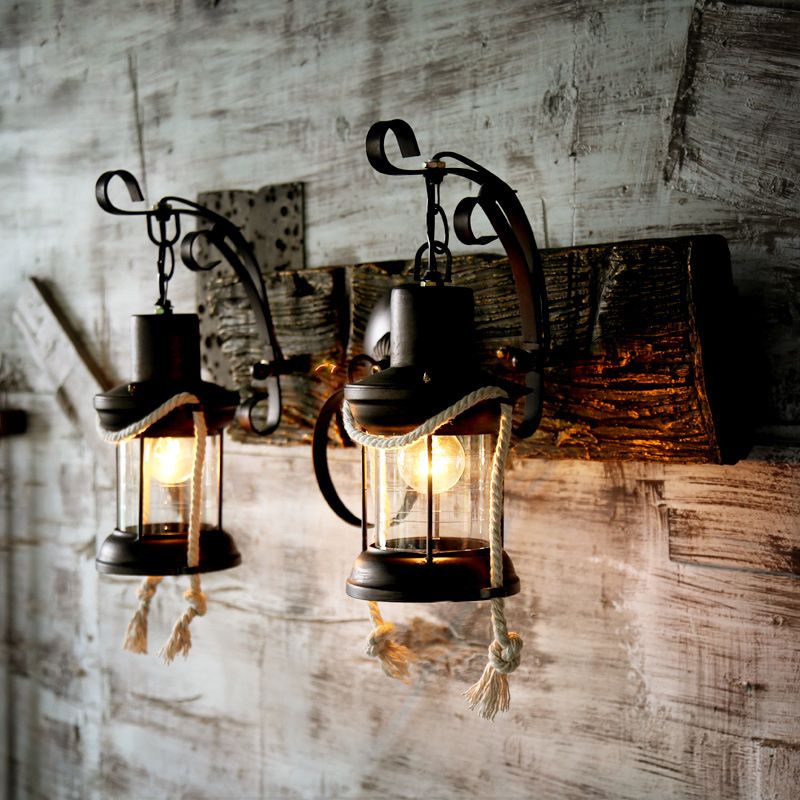 Lantern Clear Glass Wall Lighting Ideas Rustic 2 Bulbs Bar Wall Mount Light in Black