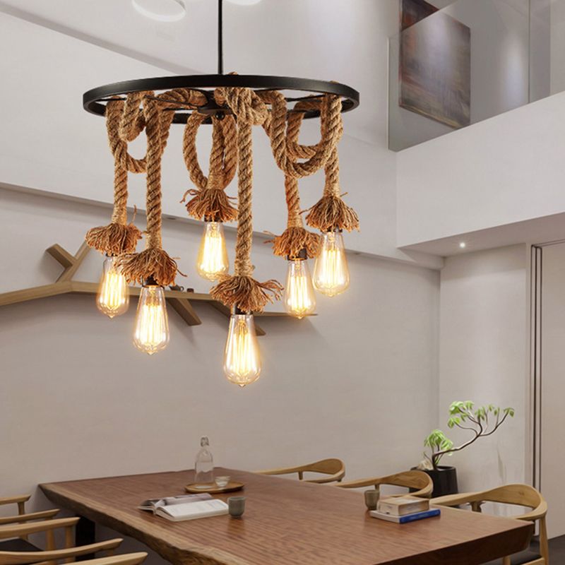 Lámpara de araña colgante negro de estilo retro de la rueda de la cuerda del lámpara de iluminación de la lámpara