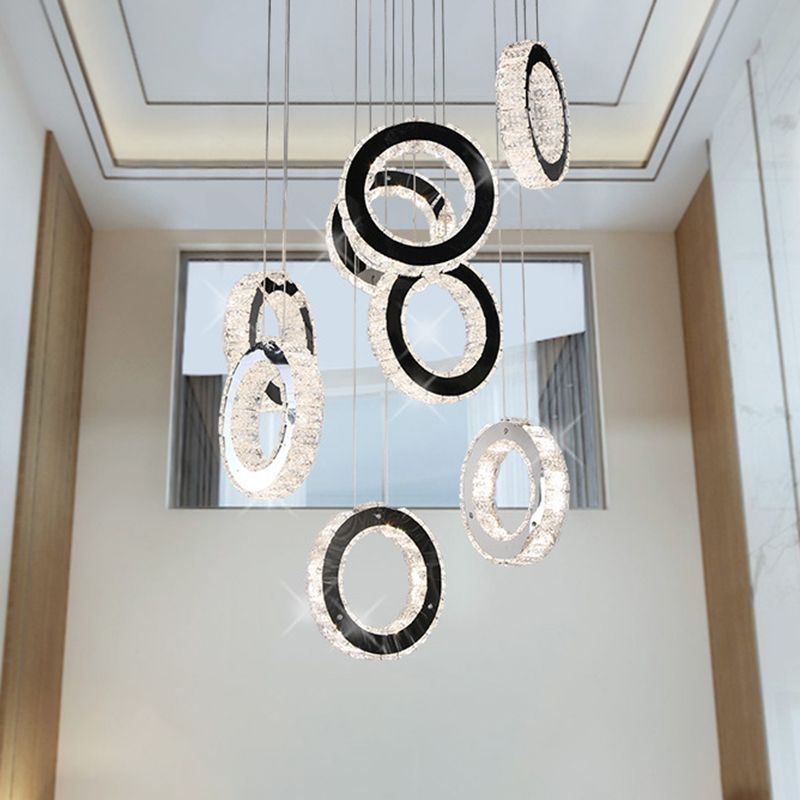 Ring Crystal Cluster Pendant Minimalist LED Black Down Lighting for Living Room