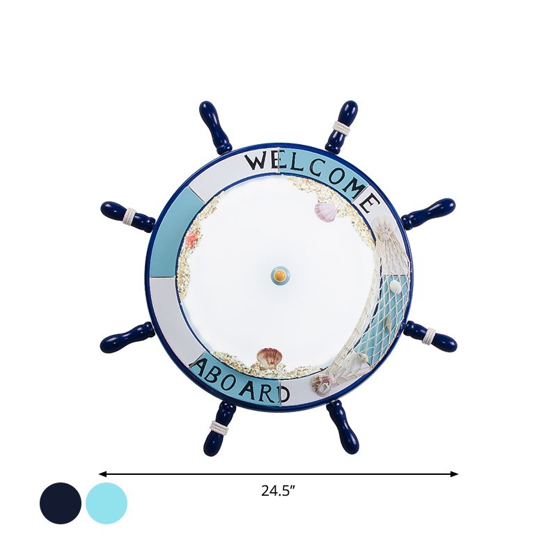 Frosted Glass Dome Flush Mount Lamp Nordic Light/Dark Blue LED Ceiling Lighting with Rudder Design