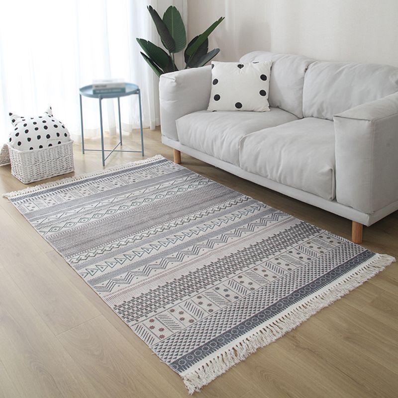 Blue Tone Modern Indoor Rug Cotton Ethnic Print Carpet Easy Care Rug for Home Decoration