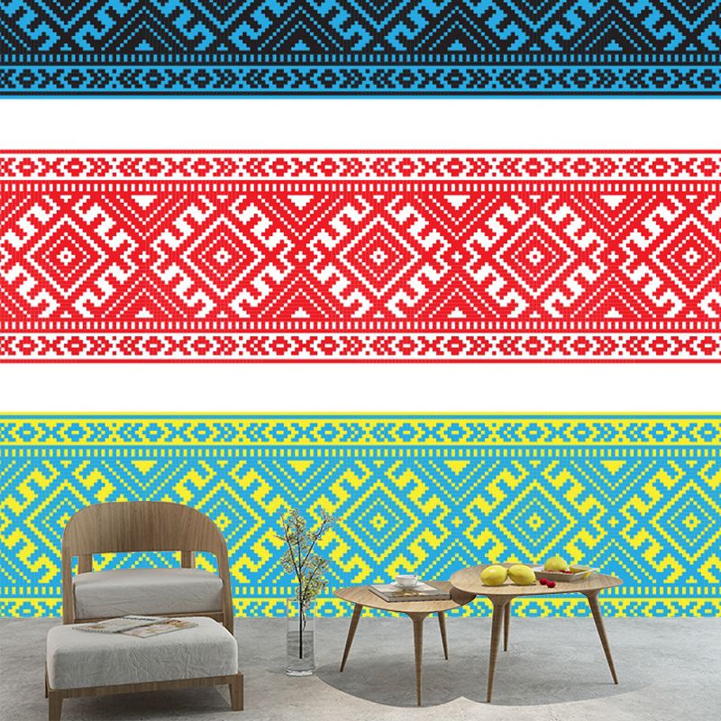 Boho Chic Seamless Belt Mural Wallpaper for Living Room Customized Wall Decor in Red-Blue-Green
