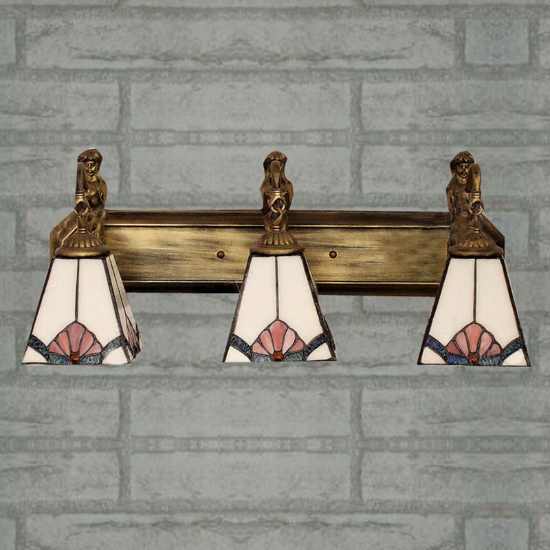 Trapezoid Wall Mount Light Tiffany White Glass 3 Lights Brass Vanity Light Fixture with Mermaid Decoration