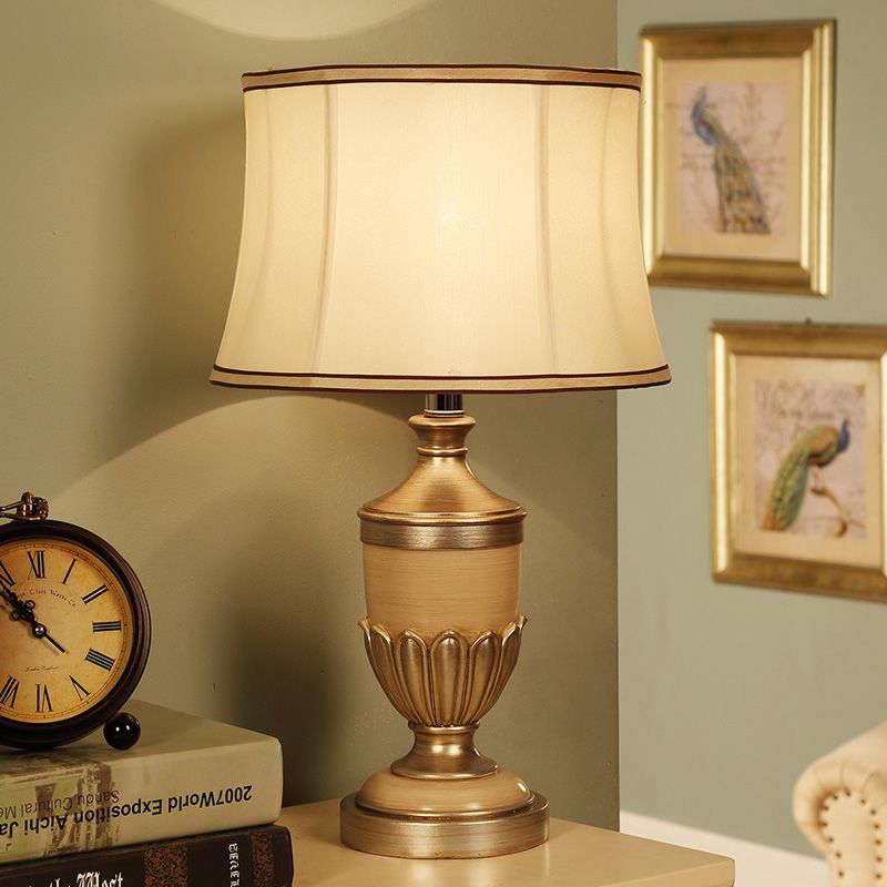 Vintage Drum Shaped Desk Lighting 1 Head Fabric Night Table Lamp with Black/Brown/Green Pot Base