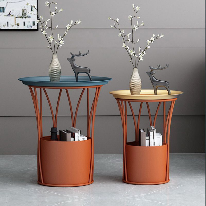 Iron Pedestal Side Table Round Tray Top Side End Table with Storage