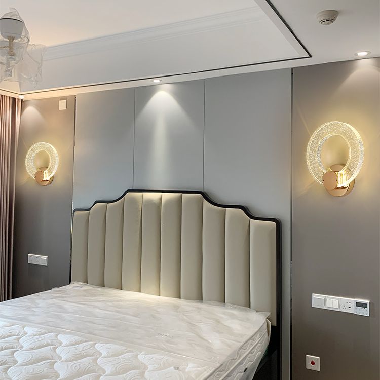 Gold Contemporary 1-Light LED Wall Sconce Circle Crystal Wall Mounted Light for Bedroom