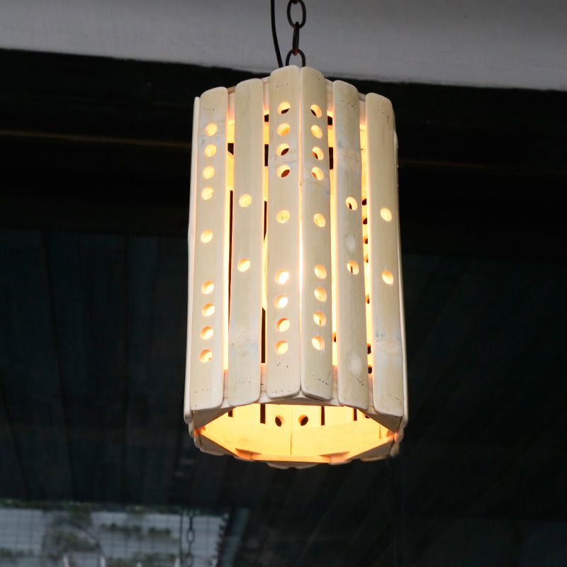 Luz de colgante de suspensión de cilindro Lámpara colgante de porche de bambú de bambú moderno en beige
