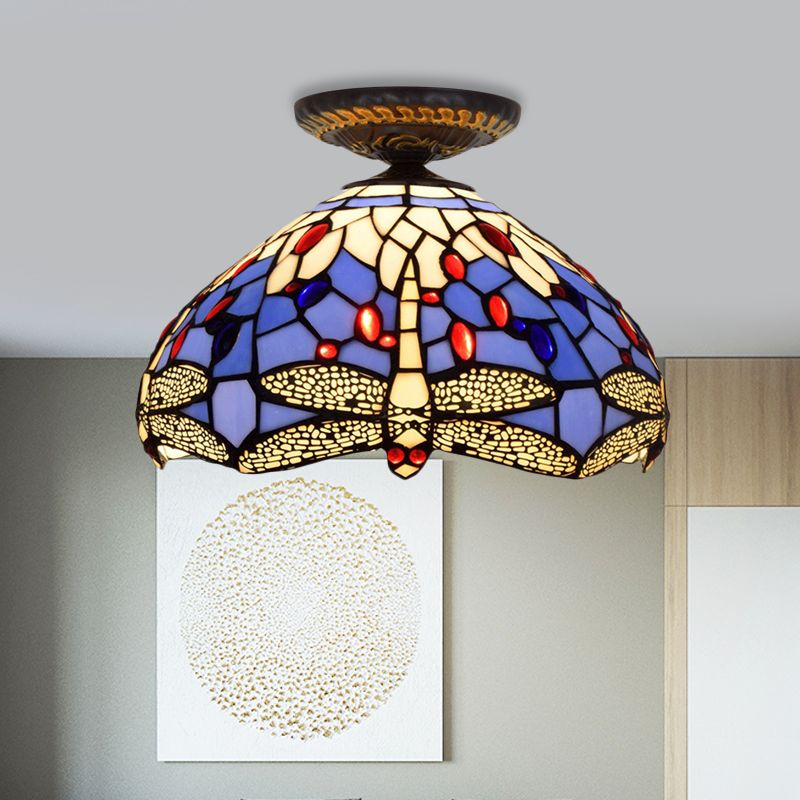 Lampe encastrée Tiffany Dragonfly, 1 ampoule, vitrail proche du plafond, luminaire en laiton