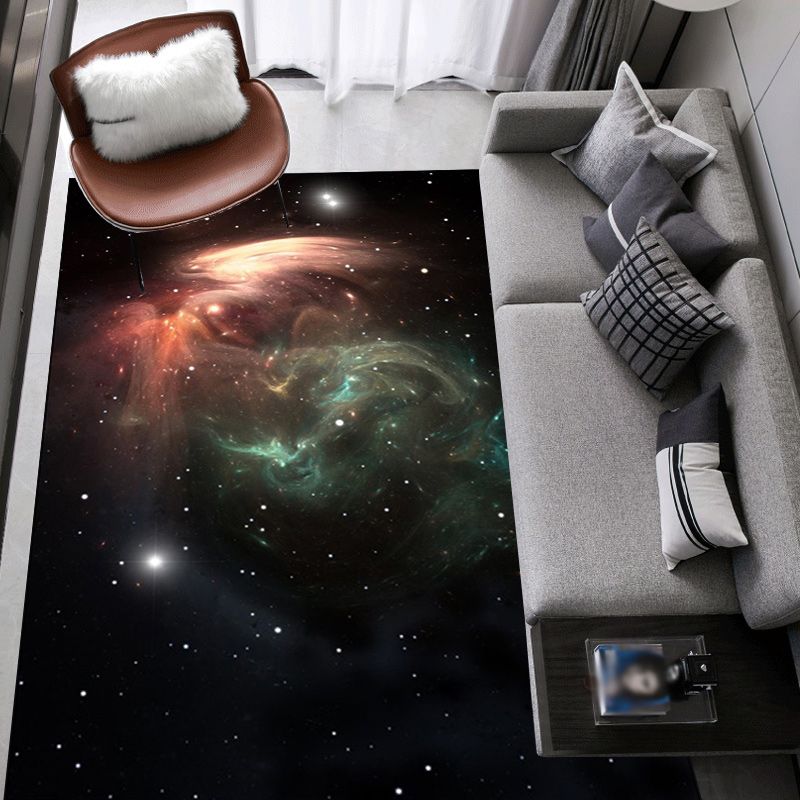 Modern Living Room Rug in Black Outer Space Nebula Print Rug Polyester Stain-Resistant Area Rug