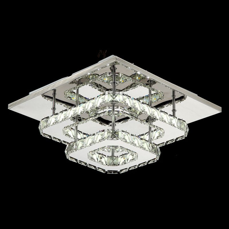 Quad Shaped Crystal Ceiling Light Modern Stainless Steel LED Semi Flush Light for Foyer