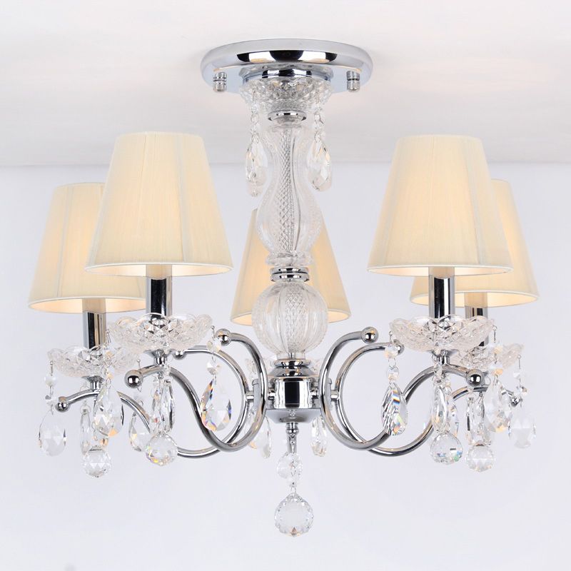 Cone Semi Flush Lamp Modernism 5-Head Crystal Ceiling Light Fixture in Nickle with Fabric Shade and Swirled Arm