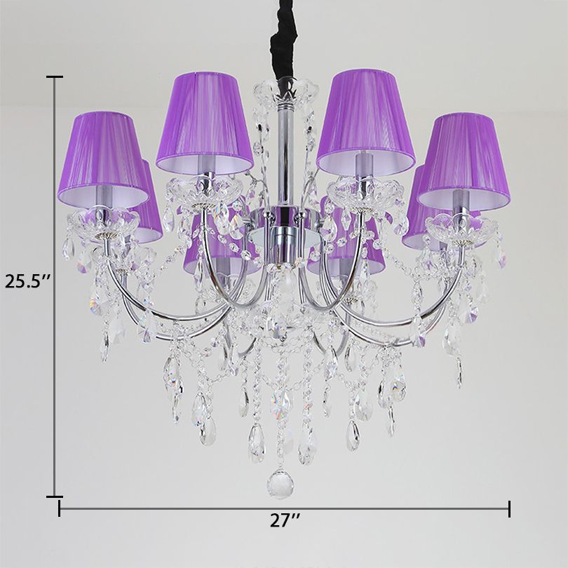 Kids Bedroom Lighting Crystal Chandelies  8 Light Fabric Shade Hanging Light in Nickel Finish