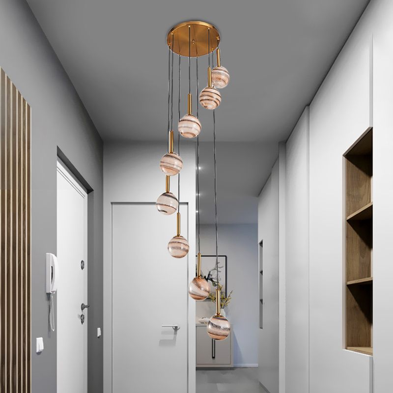 Lámpara de techo colgante de 8 luces colgante de clúster de vidrio marrón marrón moderno con diseño de espiral