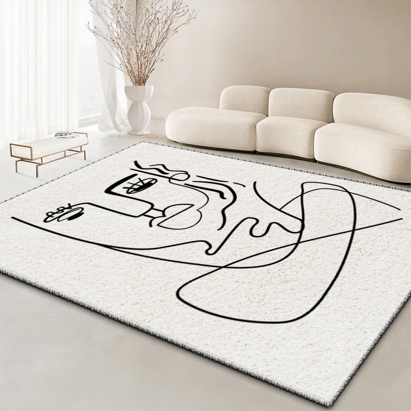 White Modern Rug Polyester Abstract Face Rug Washable Rug for Living Room