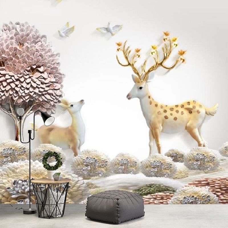 Nordic Grassland Deer Wall Mural Purple-Yellow Moisture Resistant Wall Art for Home