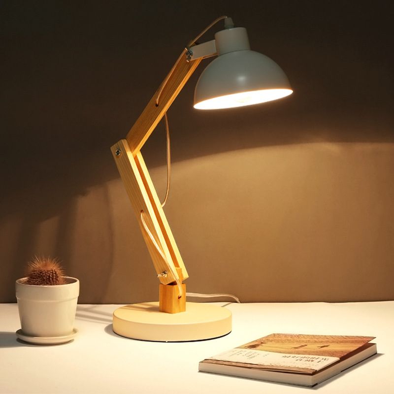 Domed Study Room Reading Light Loft Style Metal 1 Light Black/White Adjustable Desk Lamp with Wood Arm