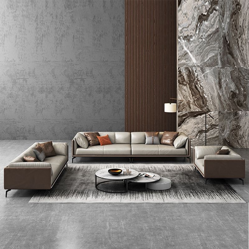 Standard Square Arm Loveseat Grey Loose Back Leather Bench Seating