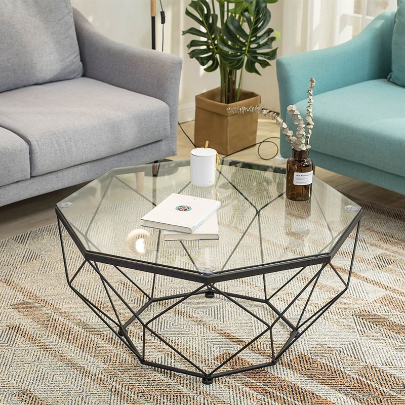 Modern Coffee Table with Glass Top and Iron Frame Base Cocktail Table