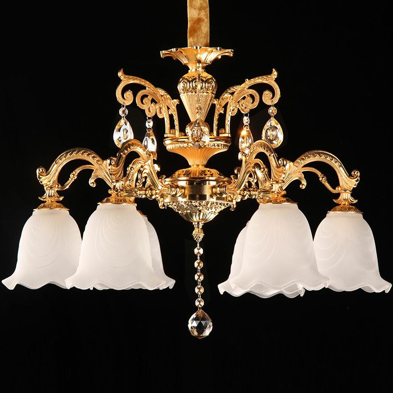 Gold Flower Down Lighting Traditional Cream Glass 6 Heads Dining Room Chandelier with Crystal Teardrops