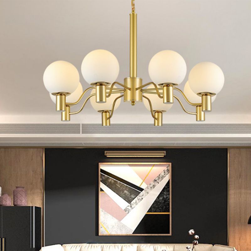 6 Lights Frosted Glass Pendant Chandelier Traditional Brass Globe Living Room Hanging Ceiling Fixture
