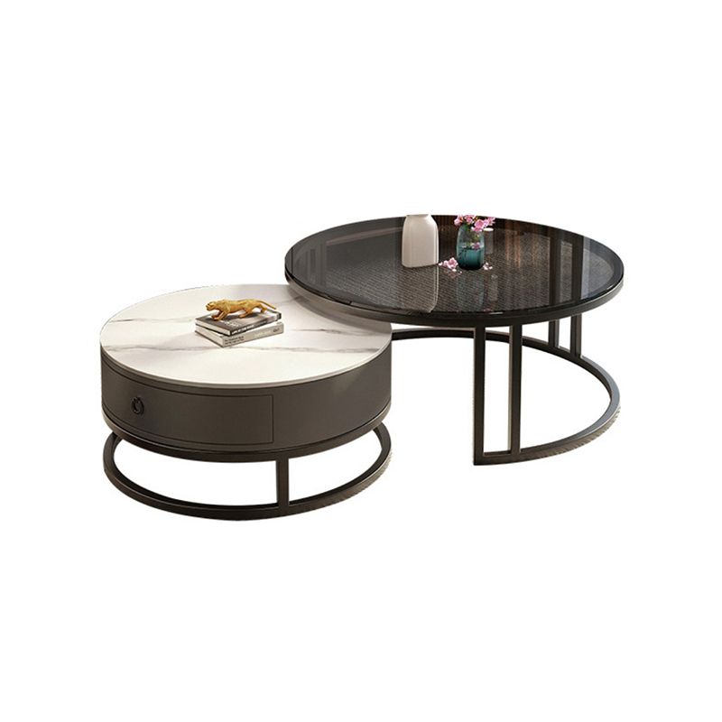 Round Nesting Coffee Table Set Frame Glass Coffee Table with Drawer