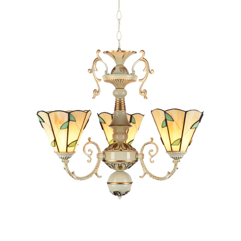 Beige Glass Leaf Pendant Light Traditional 3 Lights Foyer Chandelier Lamp with Adjustable Chain