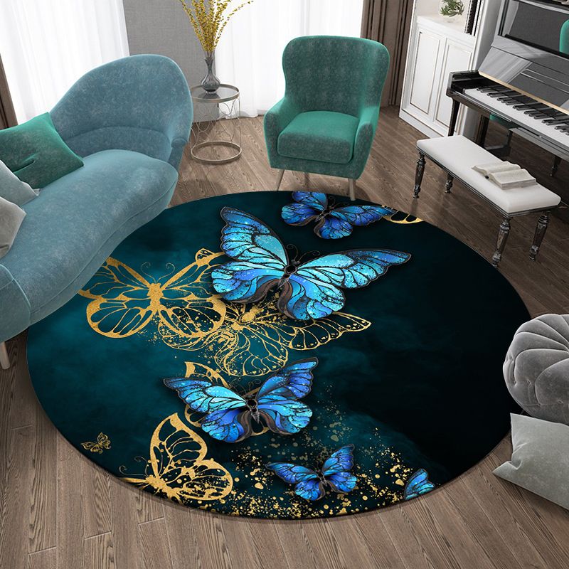 Round Multicolor Modern Indoor Rug Polyester Plant Print Rug Non-Slip Backing Indoor Rug for Bedroom