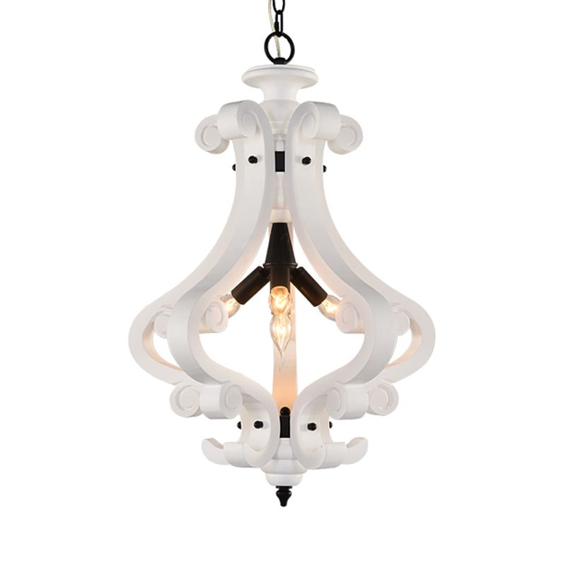 4 Lights Beige/White Chandelier Lamp Traditional Wood Lantern Bedroom Hanging Ceiling Light