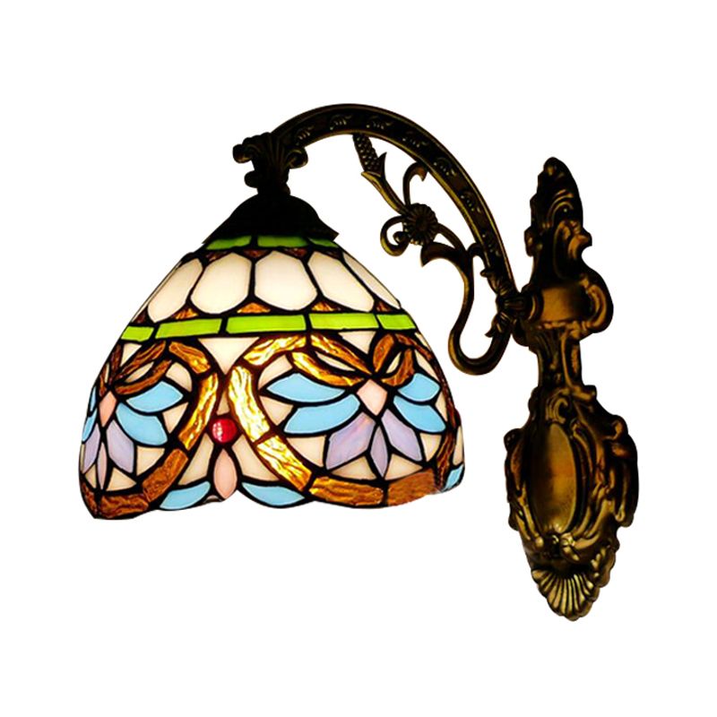 1 Light Domed Wall Sconce Victorian Stained Glass Up/Down Wall Lighting with Curved Arm in Brass