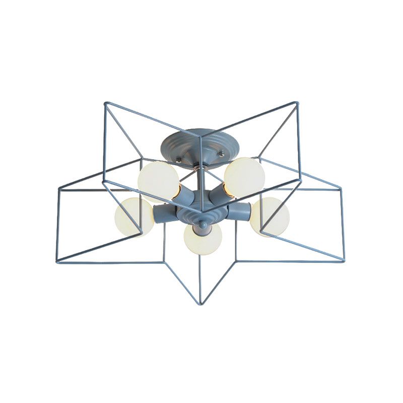 5 Bulbs Semi-Flush Ceiling Fixture with Star Cage Shade Metallic Loft Stylish Indoor Semi Flush Light in Grey/Pink