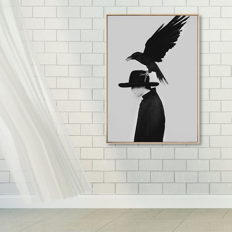 Black Fashion Canvas Art Photograph Crow and Woman Retro Textured Wall Decor for Room